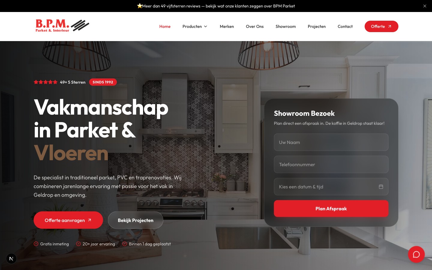 Homepage van BPM Parket, conversiegerichte website met online showroomafspraak en AI-assistent