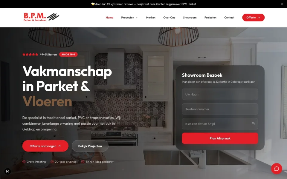 Homepage van BPM Parket, conversiegerichte website met online showroomafspraak en AI-assistent