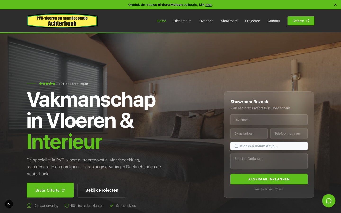 Homepage van pvcvloerenachterhoek.nl, conversiegerichte website met online showroomafspraak en AI-assistent