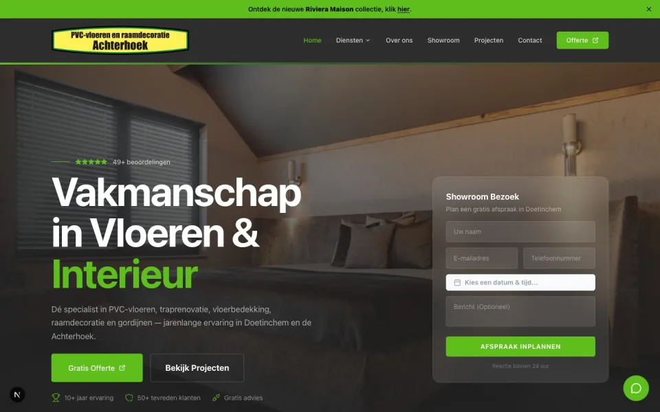 Homepage van pvcvloerenachterhoek.nl, conversiegerichte website met online showroomafspraak en AI-assistent
